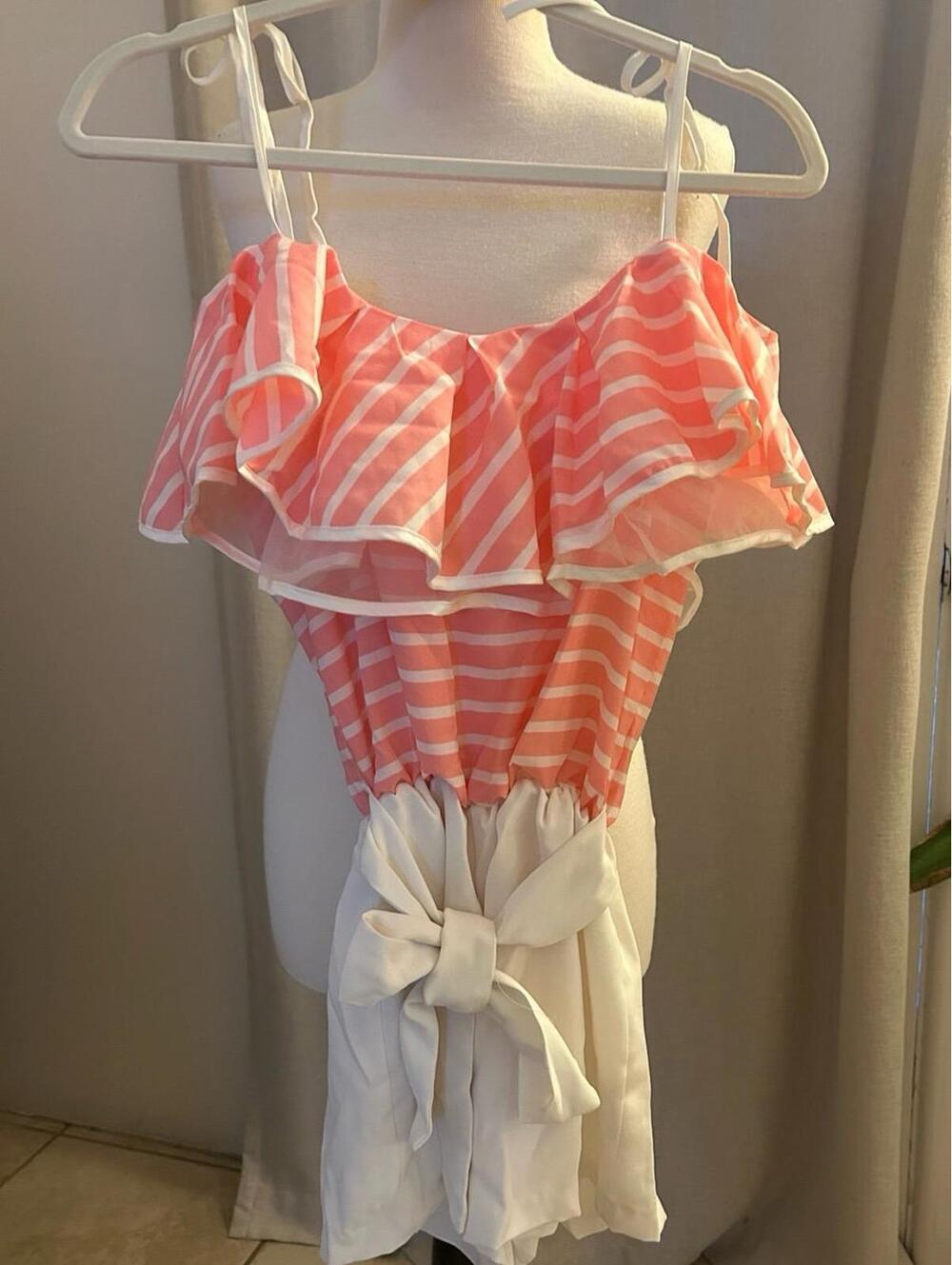 Tango Korea “Adeline” Romper – Adult XS – Coral Pink Striped Off-Shoulder Ruffle